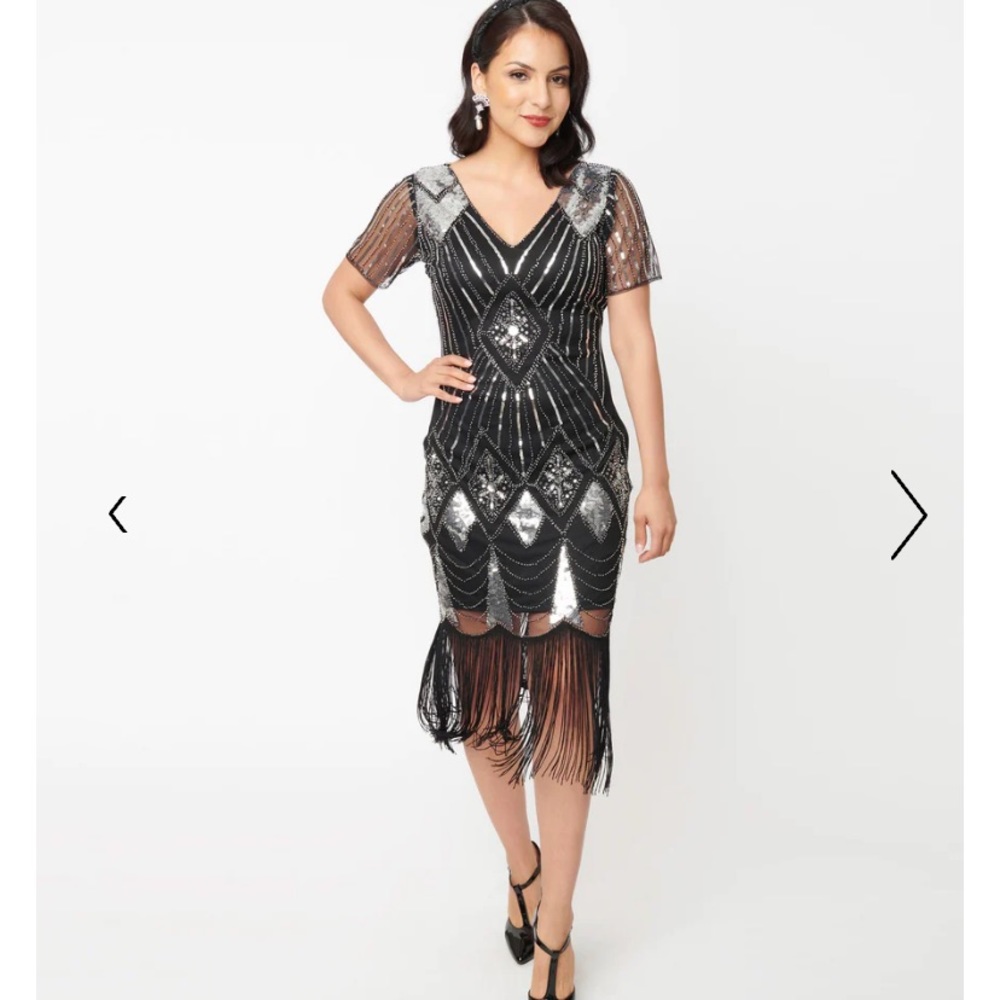 Unique Vintage NWT 1920s Silver Sequin & Black Fringe Katriane Flapper Dress